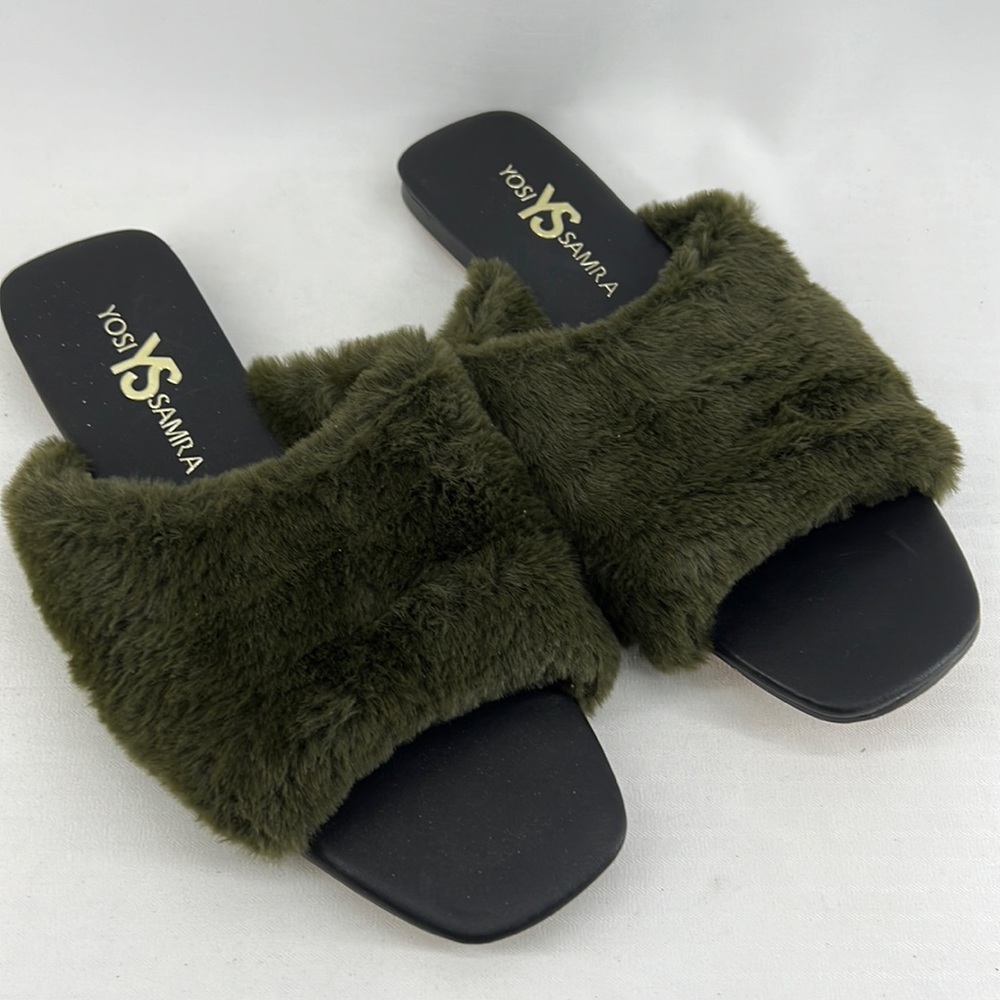 YOSI SAMIRA NORA OLIVE GREEN FAUX FUR SLIDE